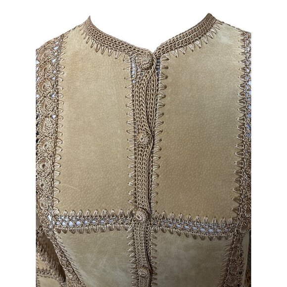 Vintage Overland Patchwork Cropped Jacket Women 8 Tan Suede Connected Crochet - Picture 3 of 11